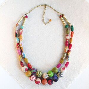 Fair Trade NWT 2 Strand Boho Necklace Handmade Upcycled Kantha Fabric Recycled
